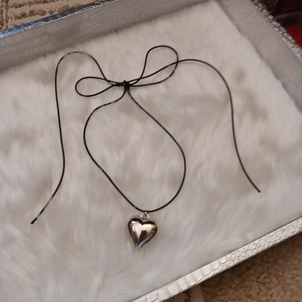 Gothic Silver Heart Pendant Black Cord Necklace